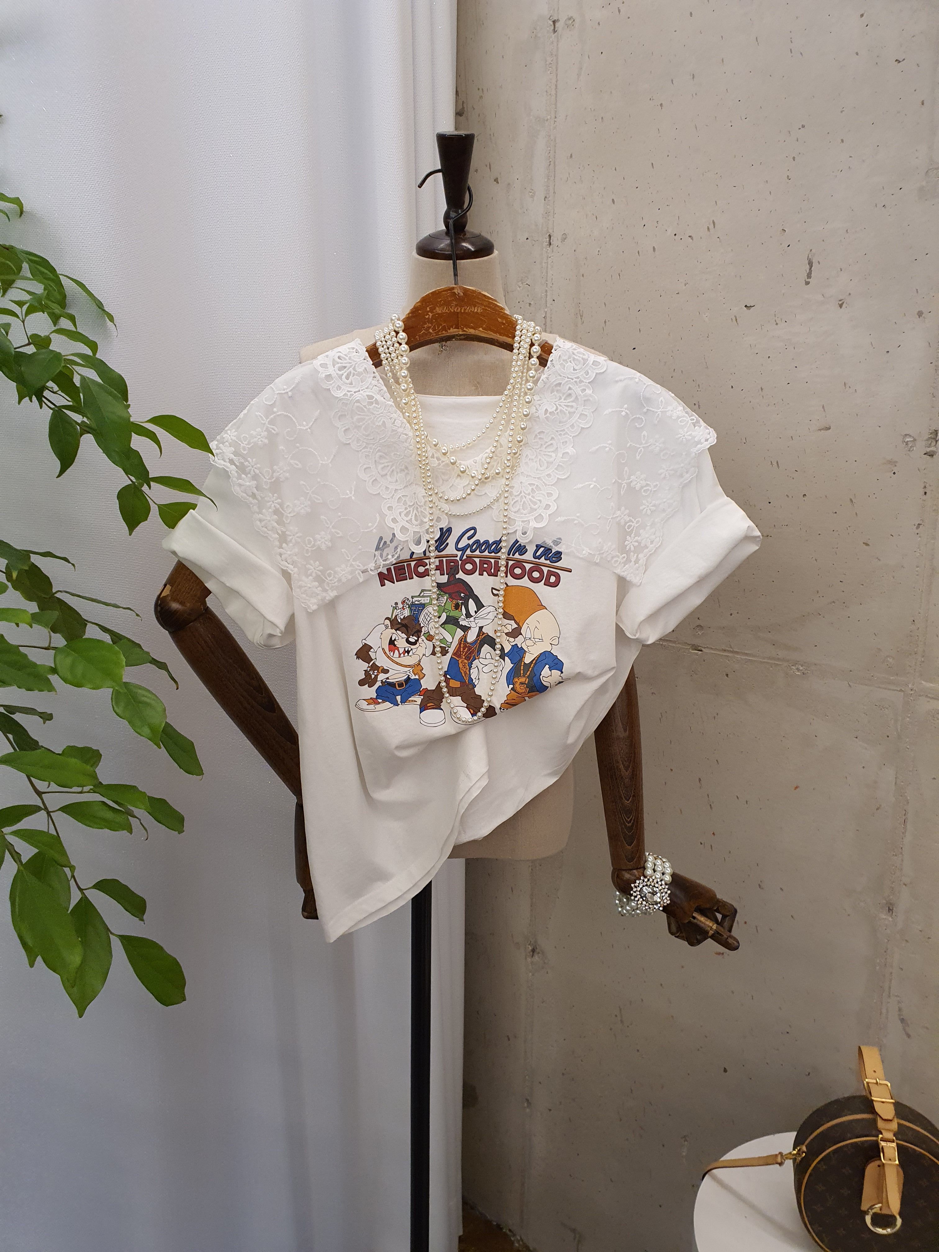 [여름신상 무배] 네스키 프린팅 레이스 카라 반팔 티셔츠