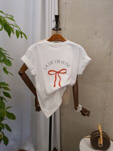 [여름신상 무배] 뉴즌 리본 프린팅 라운드 반팔 티셔츠