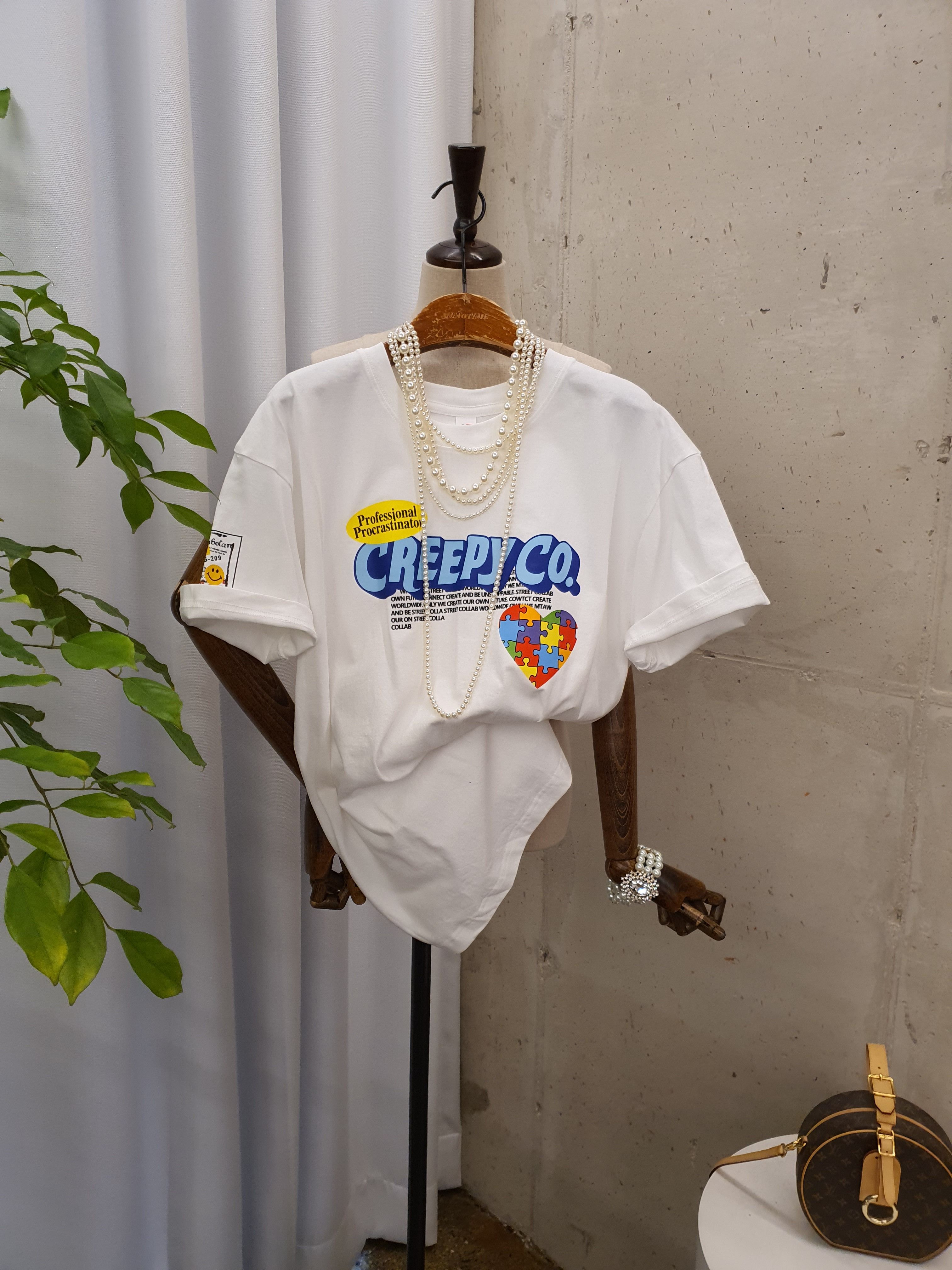 [여름신상 무배] 크리 퍼즐 영문 나염 스마일 오버핏 반팔 티셔츠