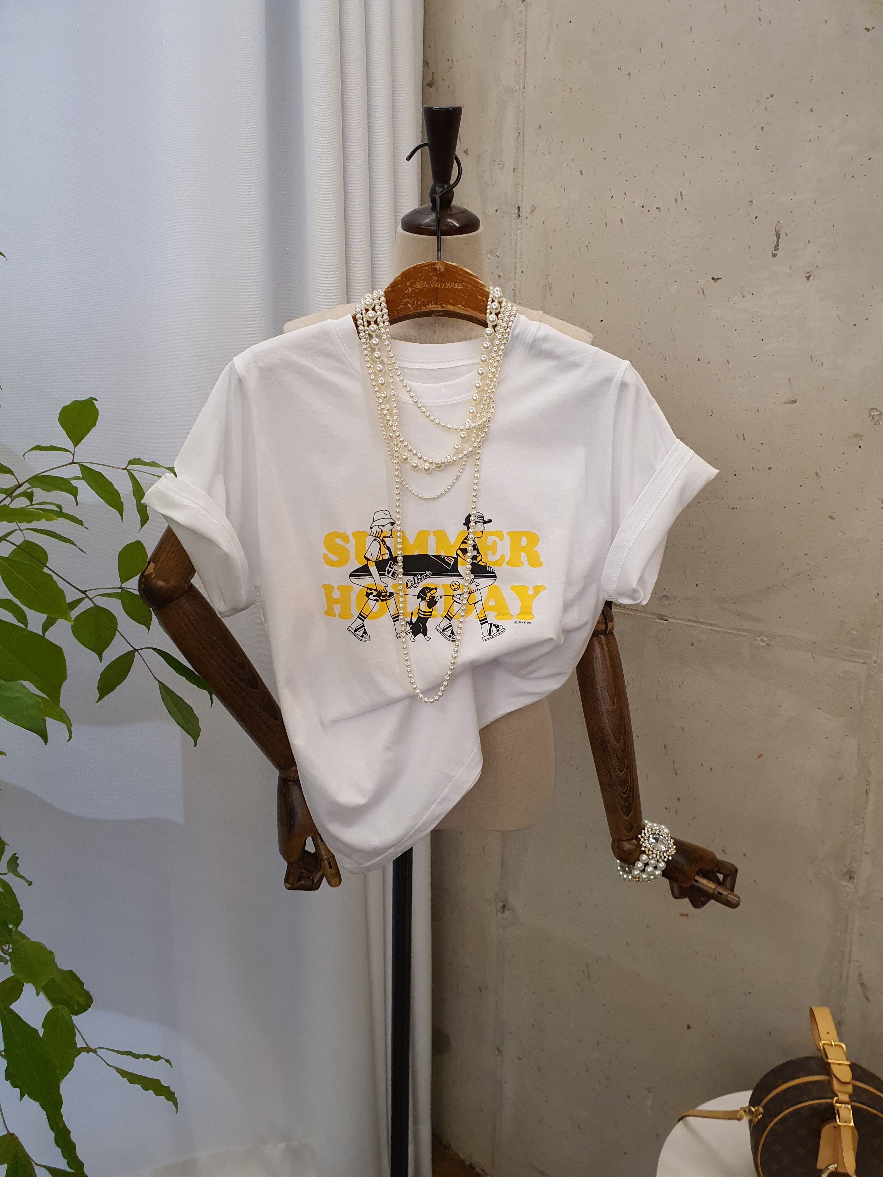 [1+1여름신상 무배] 서핑썸머 레터링 나염 라운드 반팔 티셔츠