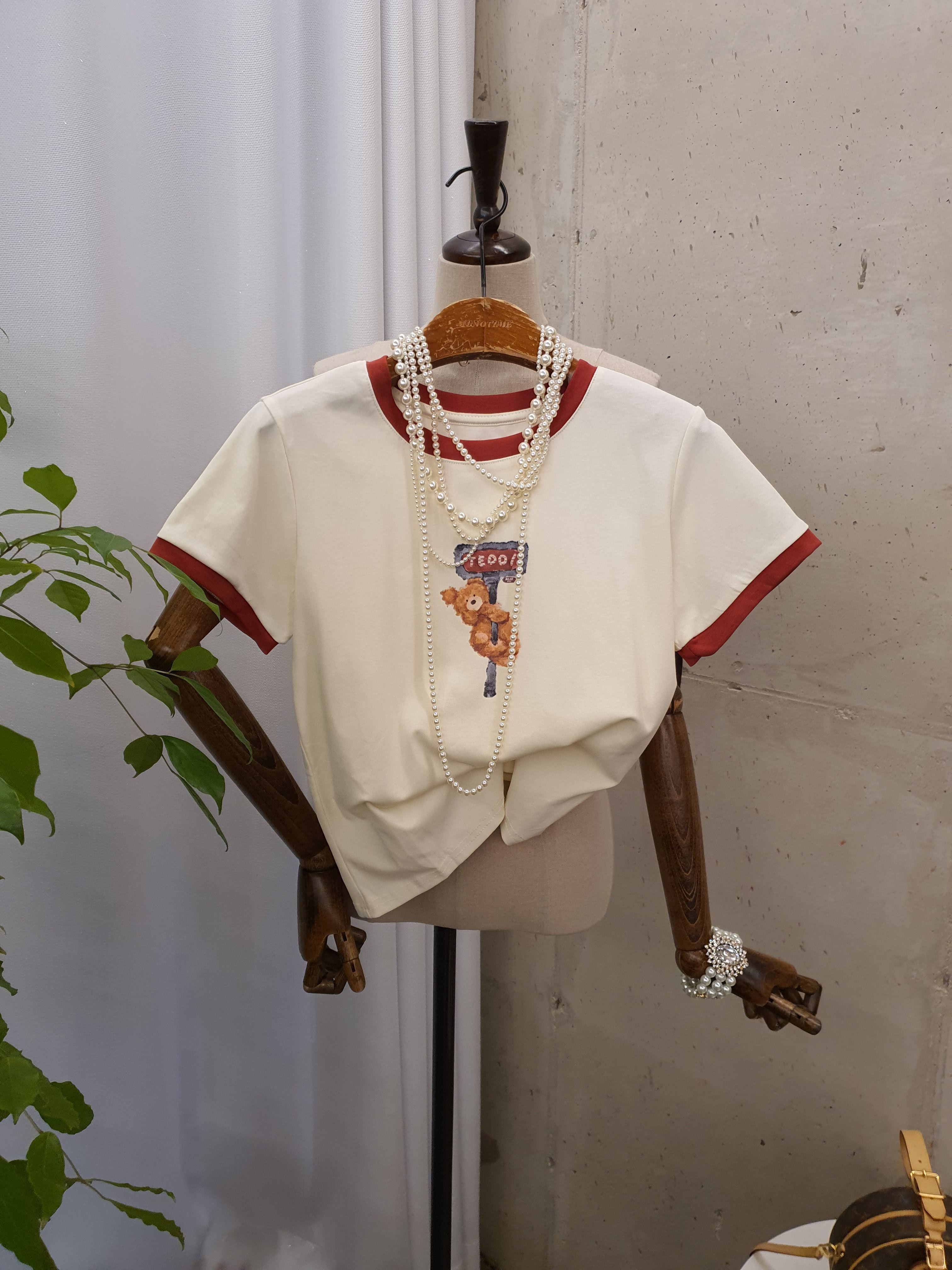 [여름신상 무배] 테디베얼 프린팅 배색 나그랑 라운드넥 반팔 티셔츠
