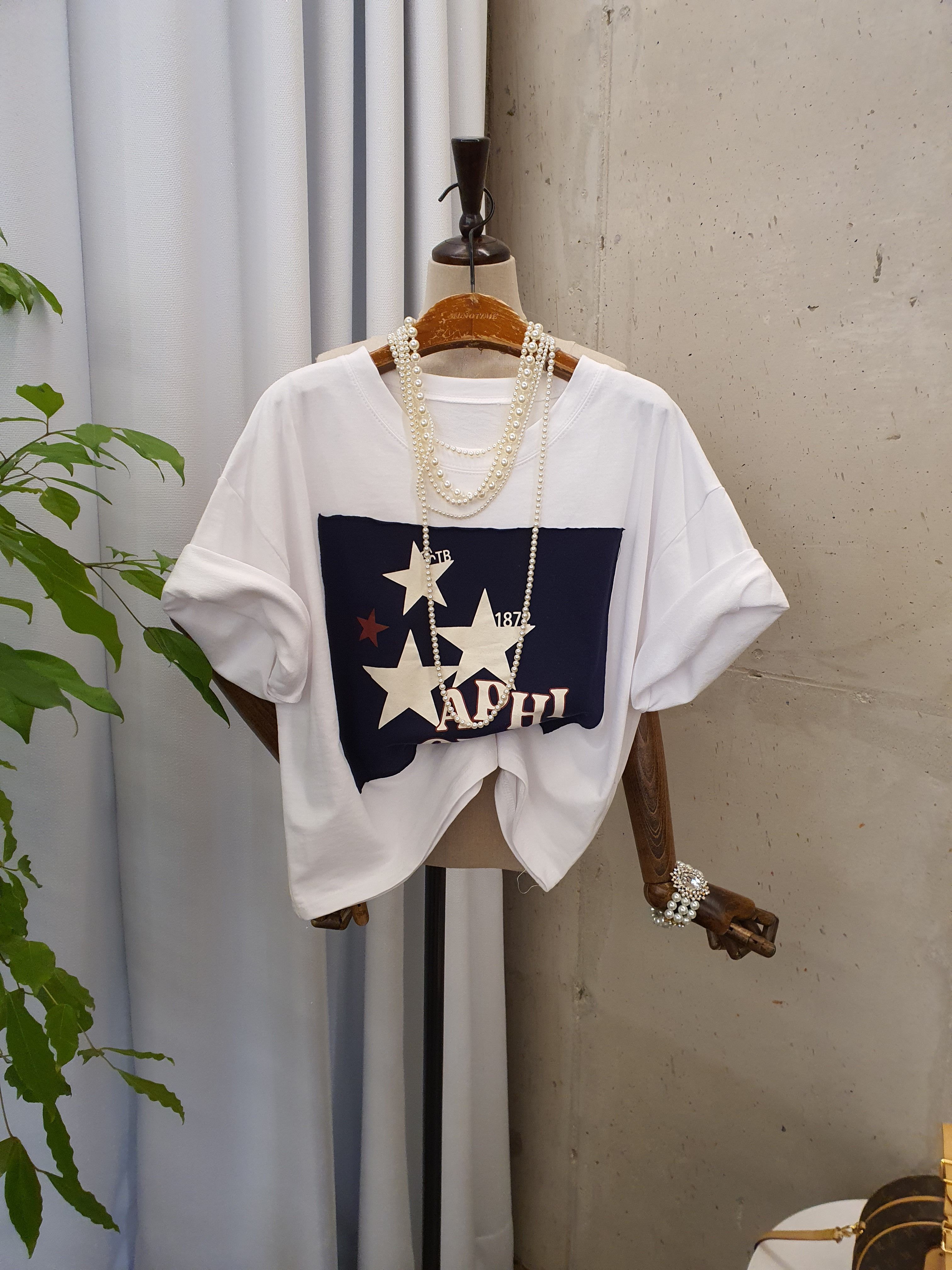 [여름신상 무배] 크루 스타 패치 오버핏 반팔 티셔츠