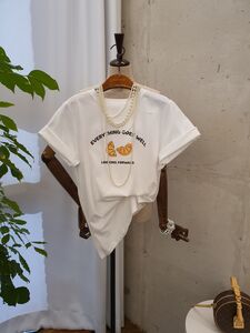 [봄신상 무배] 오렌지 레터링 나염 라운드 반팔 티셔츠